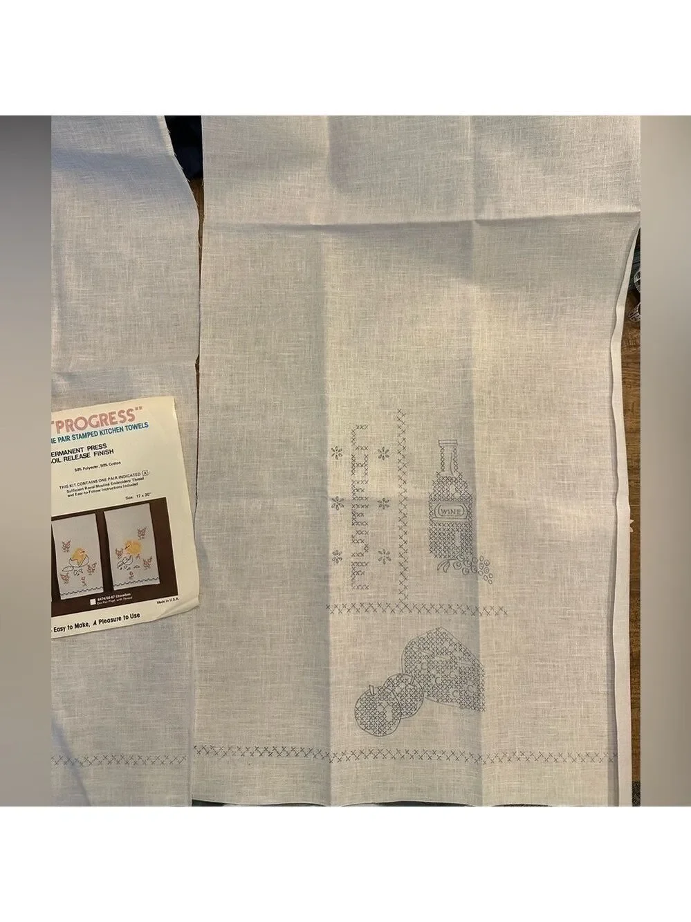 Vintage, Progress, one pair Stamped Kitchen Towels, 17x30”, + Embroidery Thread